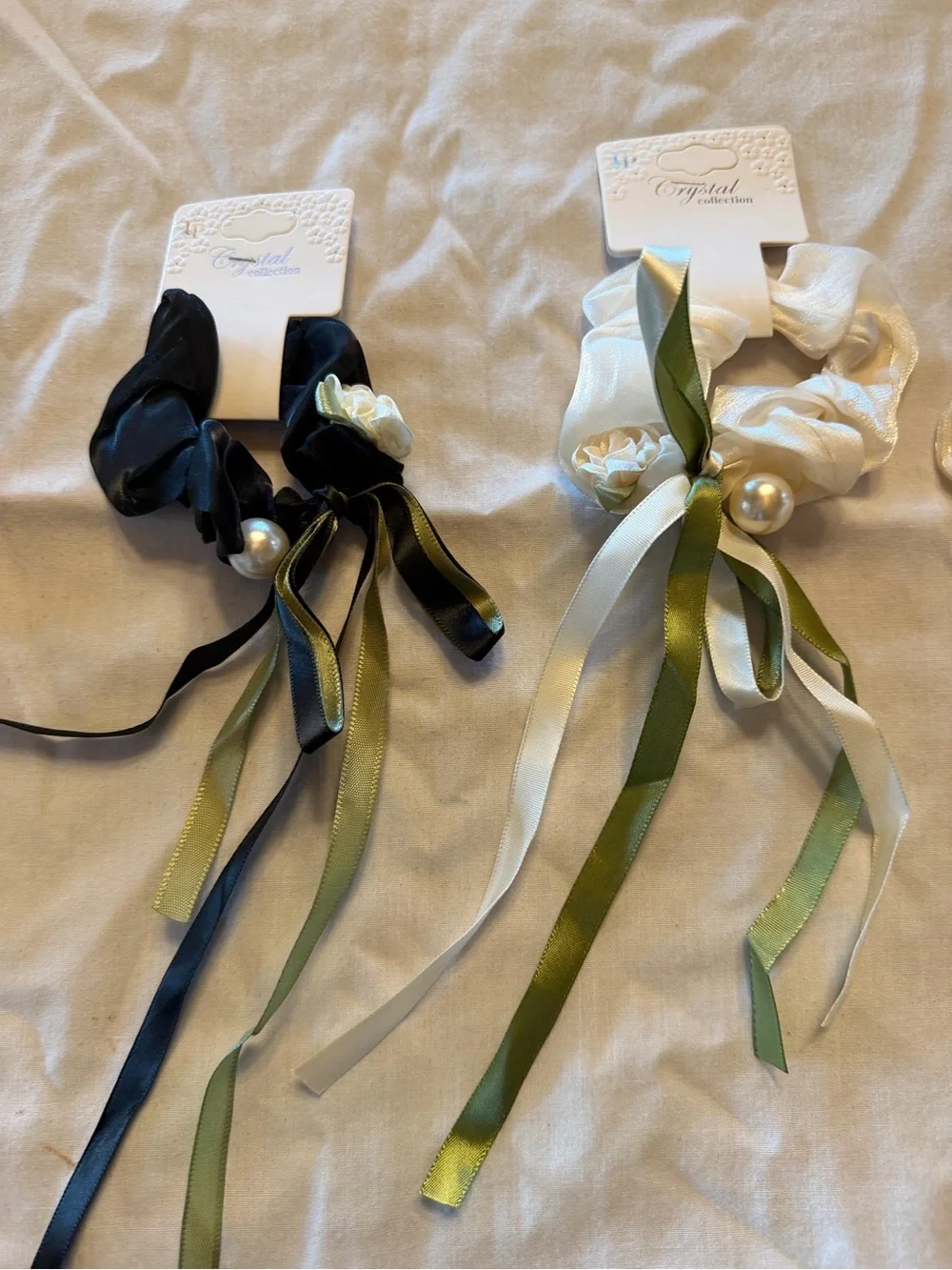 Ribbon Flower Hair pony Set in Pink, Black, and Ivory or can use as bracelets